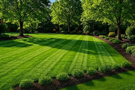 A well-maintained green  yard with freshly mowed grass, surrounded by trees and shrubs.