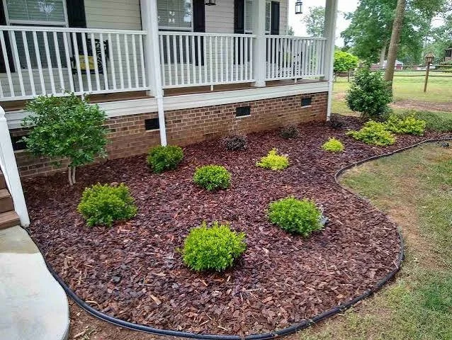 Landscaped garden bed with small green bushes and mulch, bordered by black edging, in front of a house with a brick foundation and white porch railing.