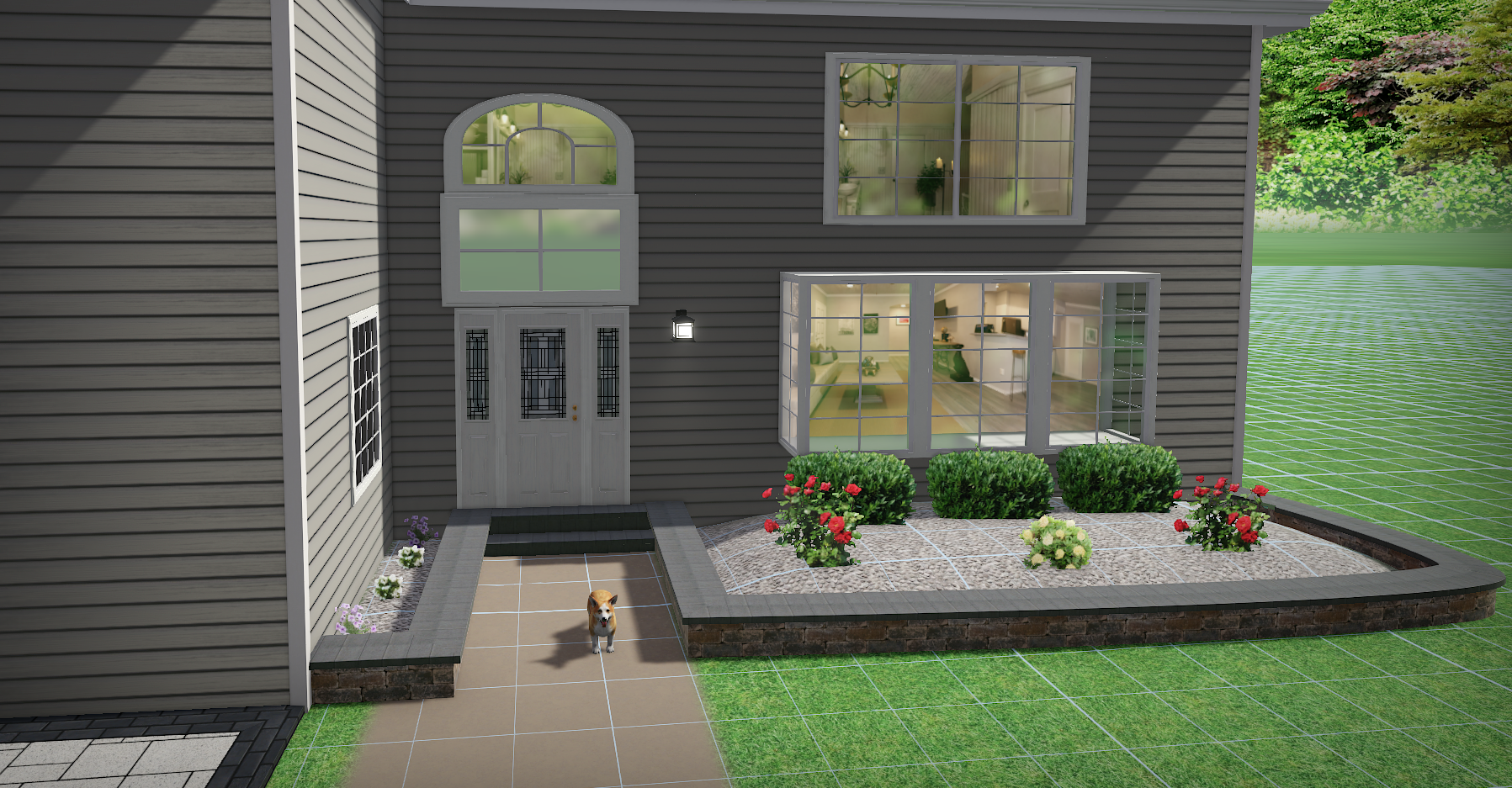 Front view of a gray house with siding, featuring large windows on the second and first floors, a front door with glass panels, and a landscaped front yard with flowers, bushes, and a small dog on the tiled porch.