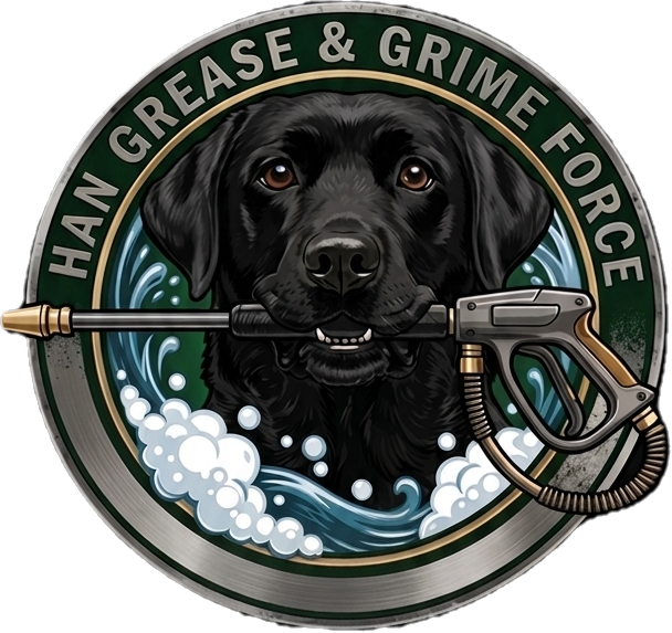 A logo featuring a black dog holding a garden sprayer in its mouth, with a circular background and the text "Han Grease & Grime Force" around the top.