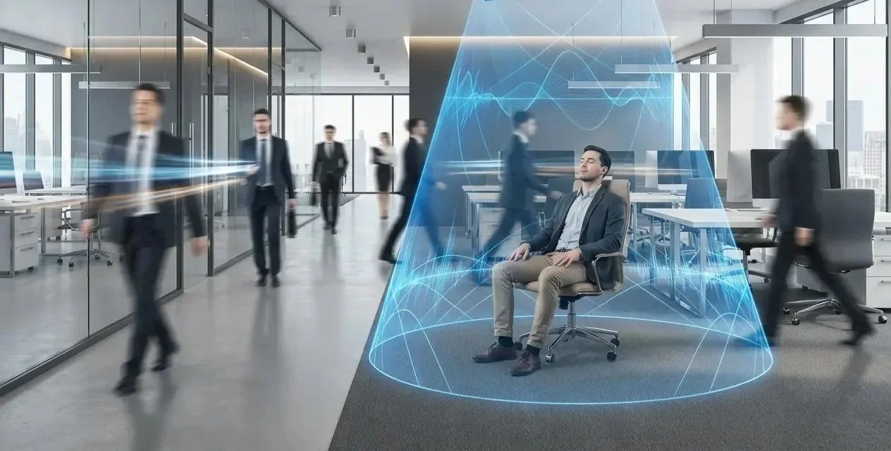 Directed audio beam delivering personalised sound to an individual in a busy open-plan office workspace, while colleagues remain undisturbed.