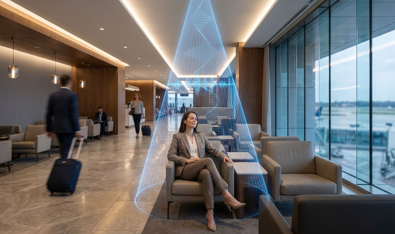 Woman sits calmly with eyes closed in an airport lounge, surrounded by calming audio suppled by a direct audio experience illustrating the positive power of directed audio.