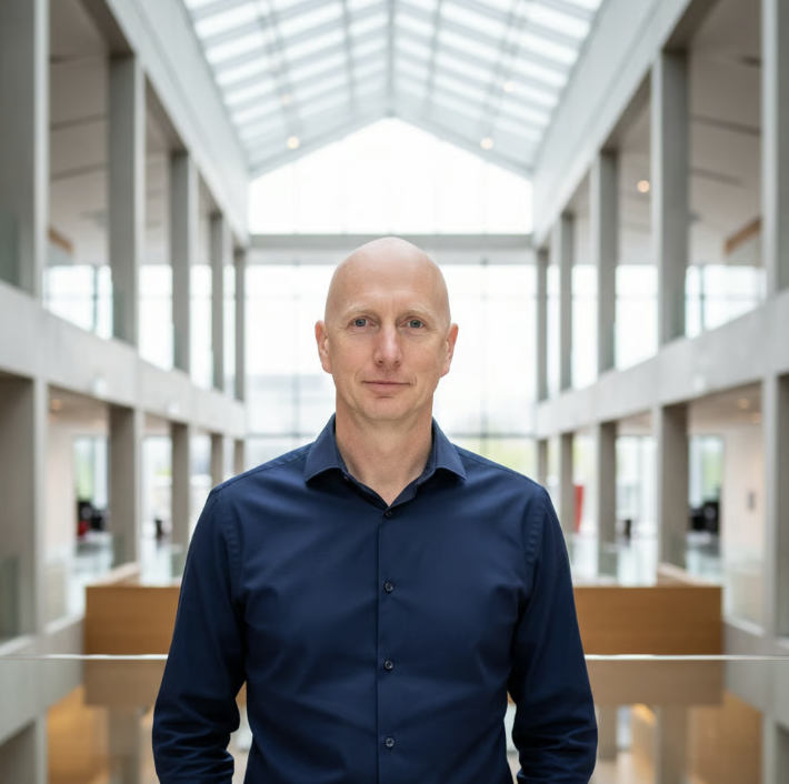 David O'Brien of EAV Directed Audio standing inside a modern office building with high glass ceilings and open two-story design.