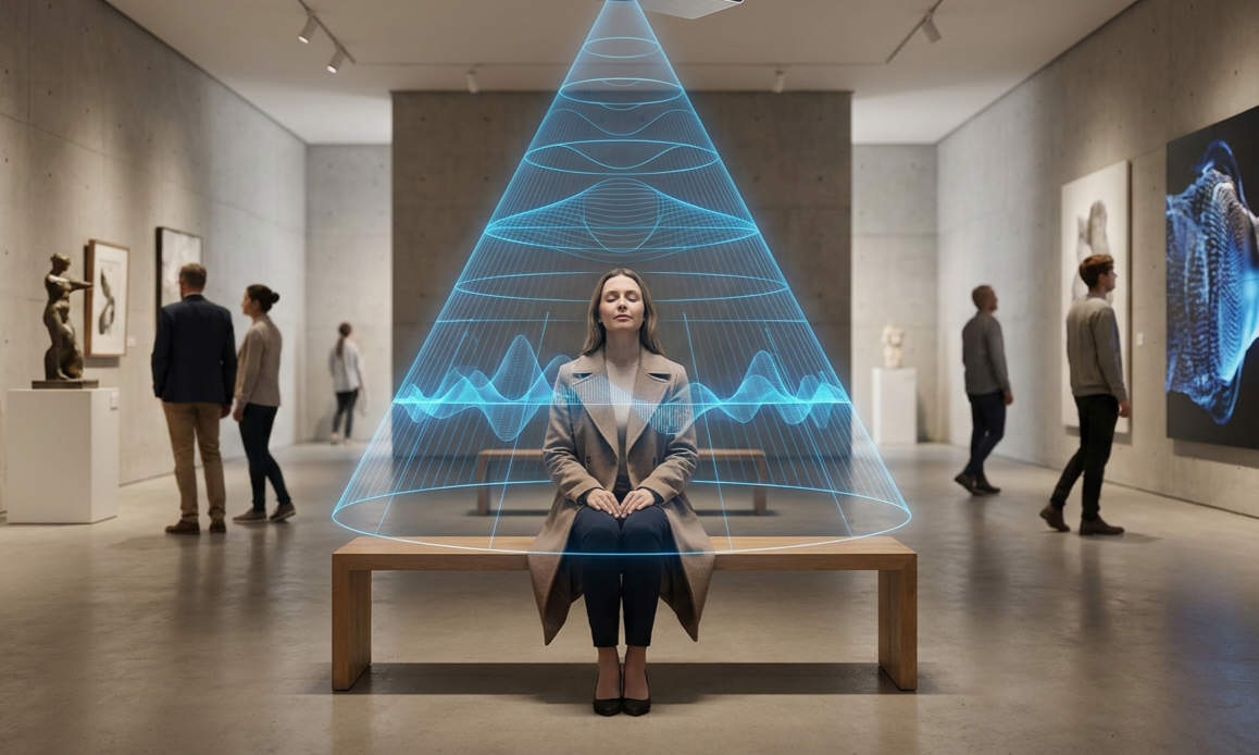Directed audio beam delivering personalised sound to a visitor standing before an exhibit in a museum or art gallery, while surrounding sculptures and artwork remain in peaceful silence.