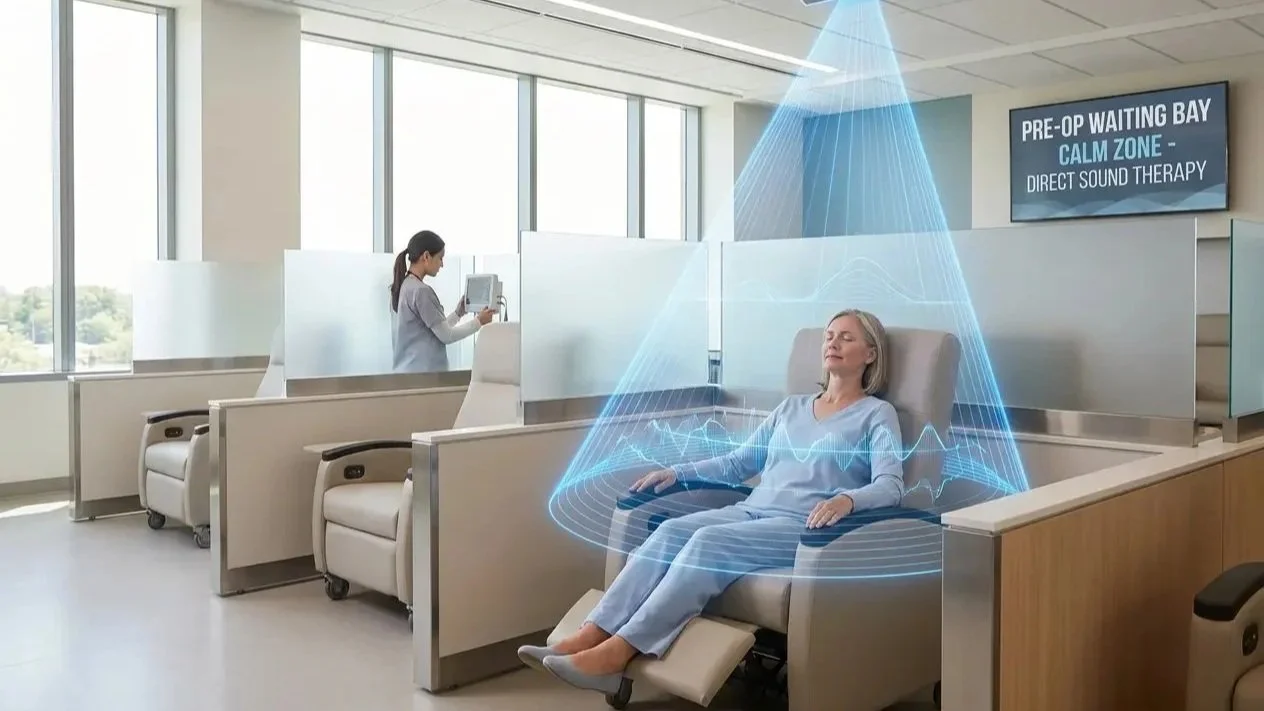 Directed audio beam delivering calming personalised sound to a patient in a hospital pre-operative waiting area, leaving surrounding clinical environment undisturbed.