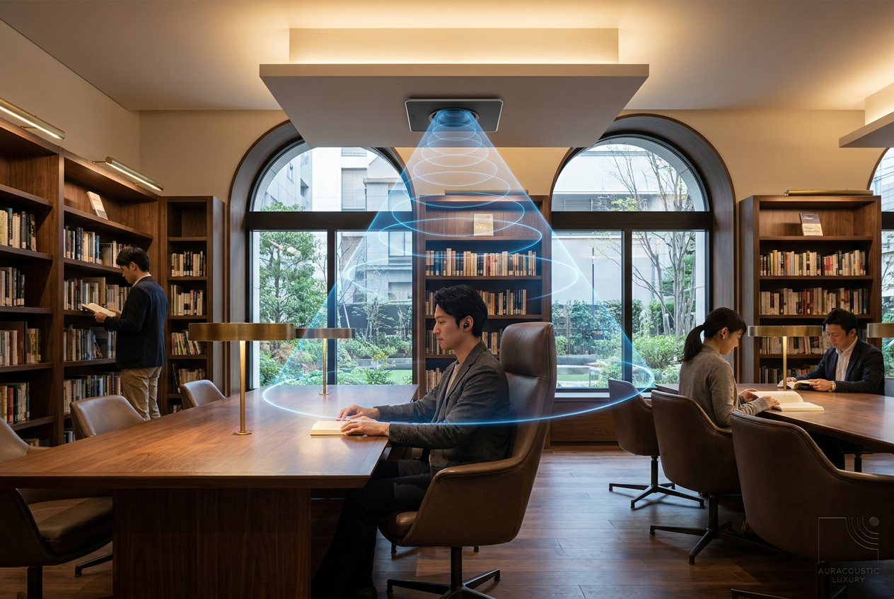 Directed audio installation delivering individual personalised sound zones to multiple users in a public library, allowing each person to hear their own audio without disturbing others.