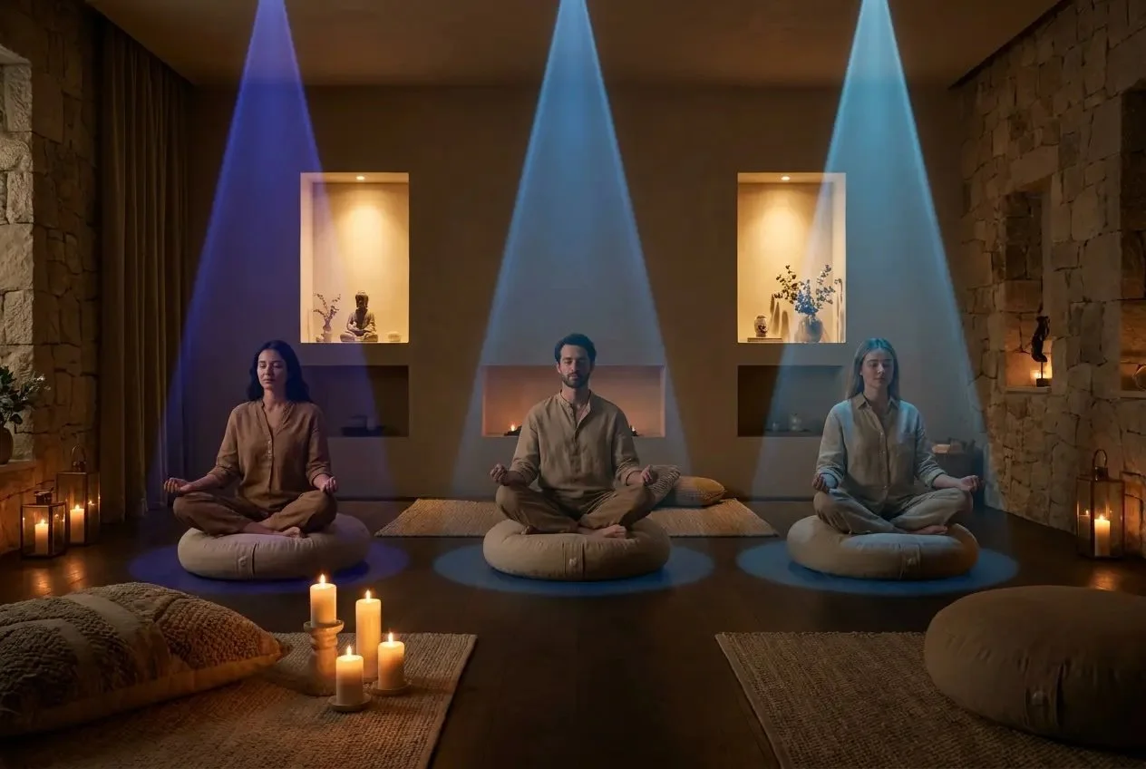 Directed Audio in a wellness space delivering separate personalised sound to three people in a single meditation room so each can have a different calming experience.
