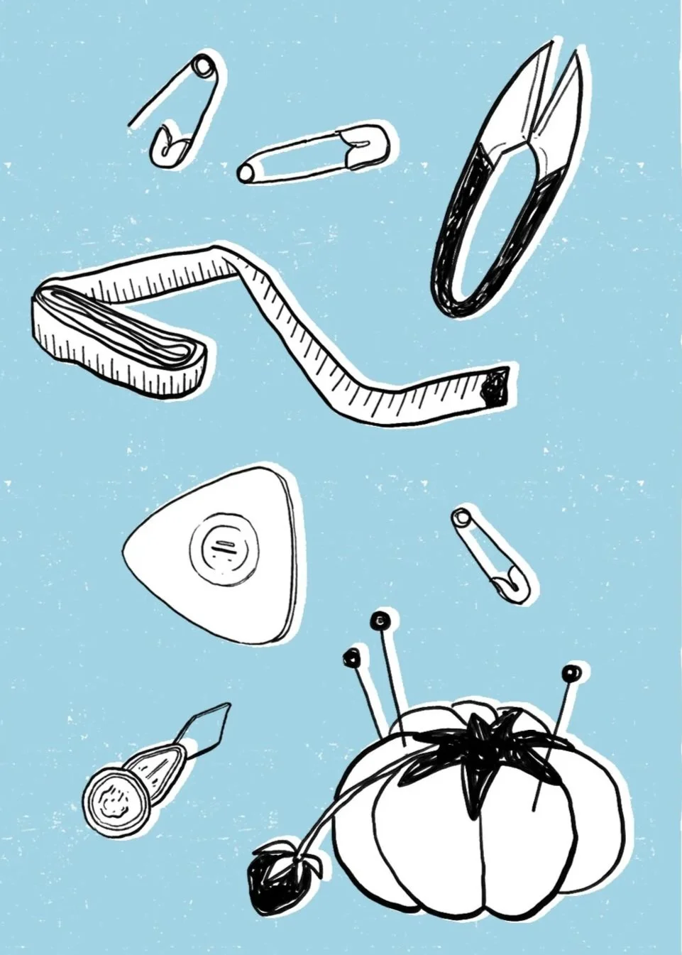Illustration of various sewing and tailoring tools including safety pins, a sewing needle, a measuring tape, a thimble, a pair of scissors, and a pincushion with pins, all set against a light blue background.