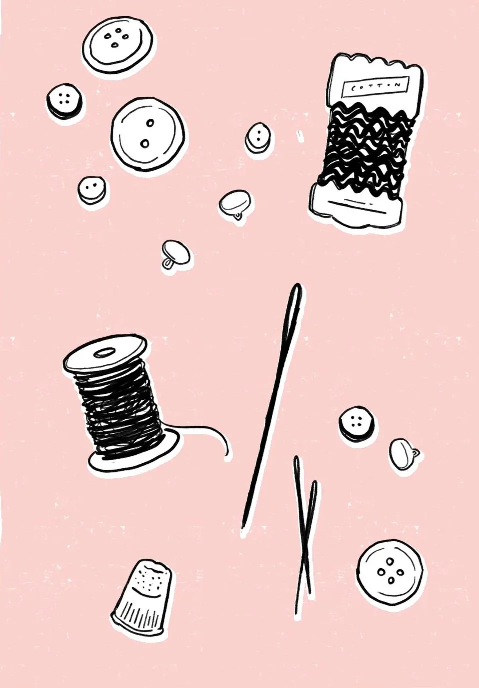 Drawing of sewing supplies including buttons, thread spool, sewing needle, thimble, and a package of cotton embroidery floss on a pink background.
