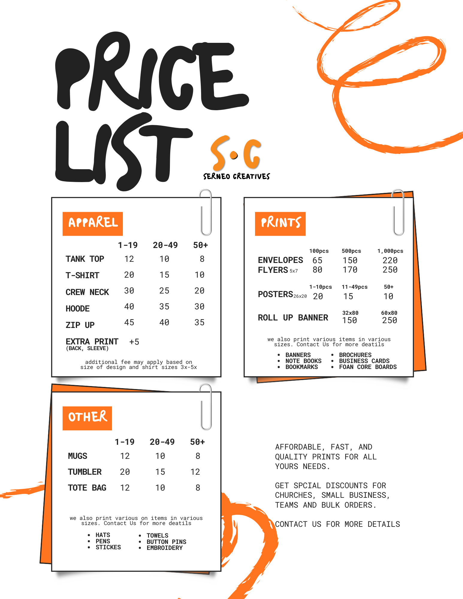 A printable price list for various promotional items, including apparel, prints, and other items, with prices based on quantity.