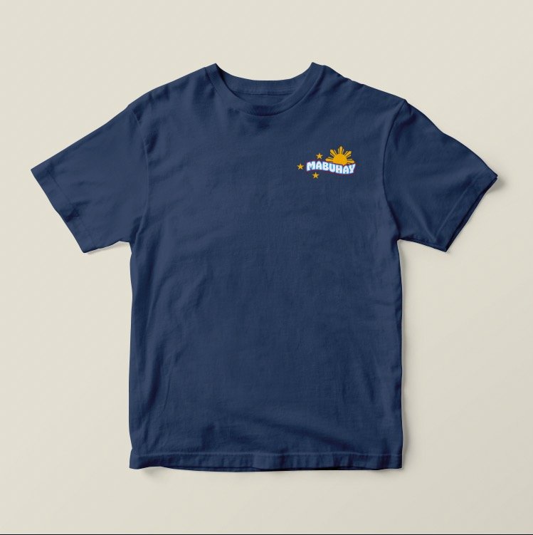 A navy blue T-shirt with a small design on the upper left chest featuring a sun, stars, and the word 'MABUHAY' in colorful letters.
