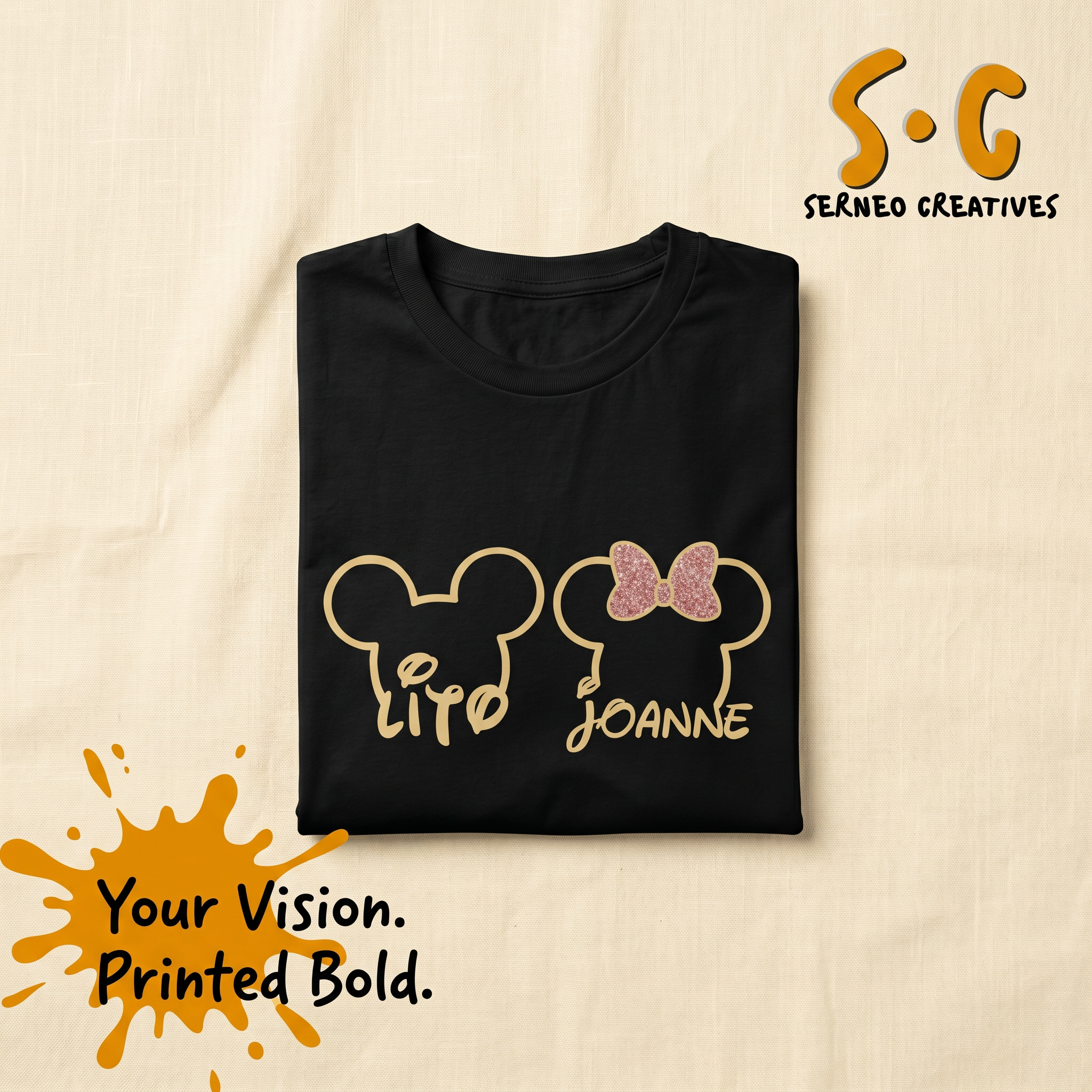 A black t-shirt with a colorful graphic design featuring the words "Your Vision" and 