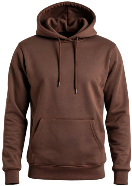 Brown hooded sweatshirt with front pocket and drawstrings.