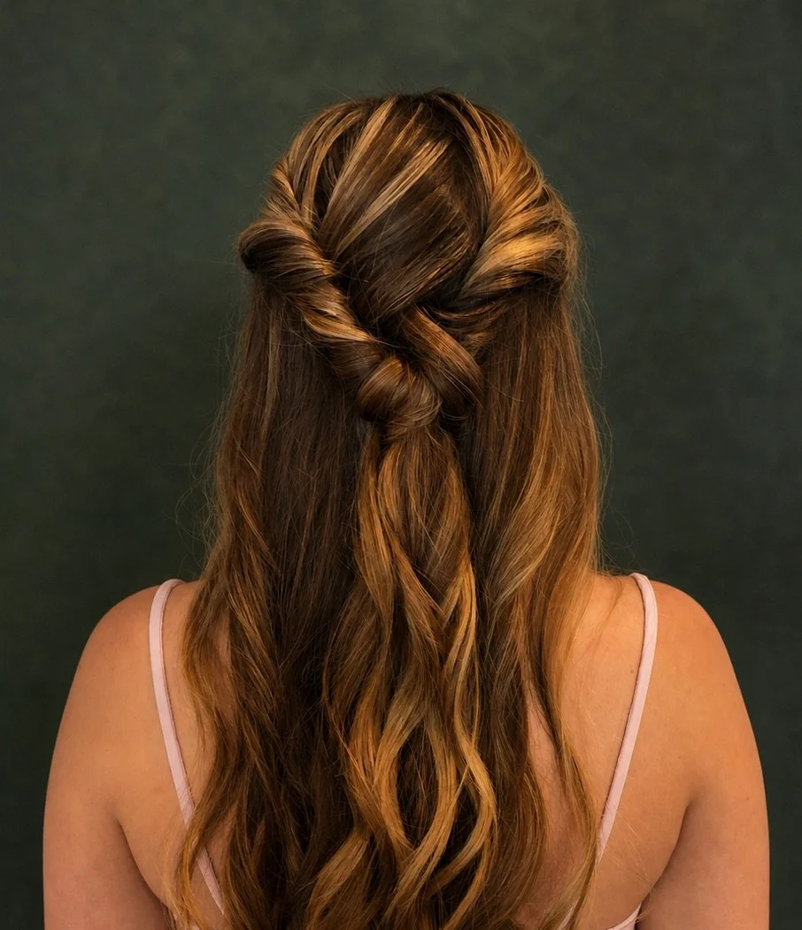 Half-up braided hairstyle with soft waves for special occasion hair styling in Mill Valley, created by Hair by Meg.