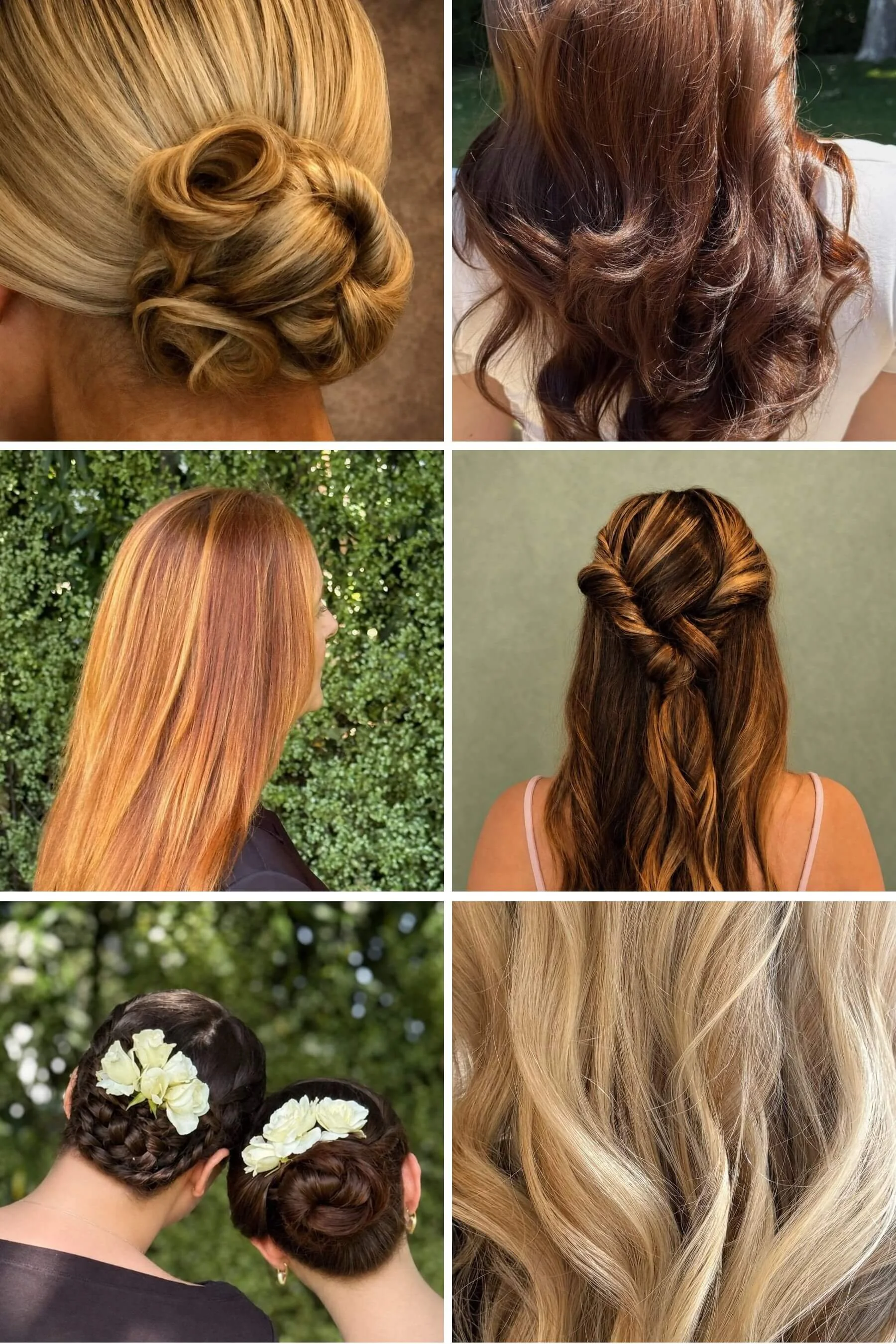 Featured hair services collage showcasing blow dry styling, hair color, smoothing treatments, and special occasion hairstyles by Meg Sweeney in Mill Valley, Marin County.