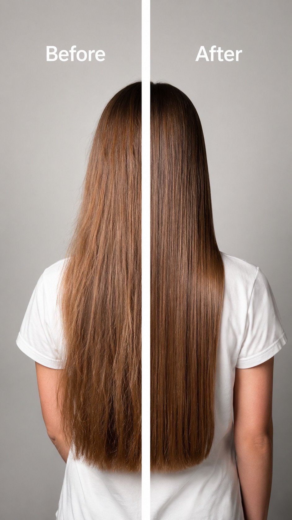 Before and after Magic Sleek Smoothing Treatment showing reduced frizz, smoother, shinier, more manageable hair following a professional hair smoothing treatment in Mill Valley.