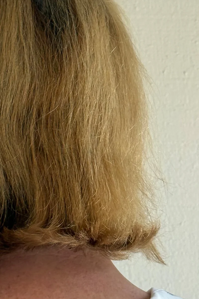 Before professional hair smoothing treatment showing dry, frizzy, damaged hair before personalized smoothing and restorative treatment.