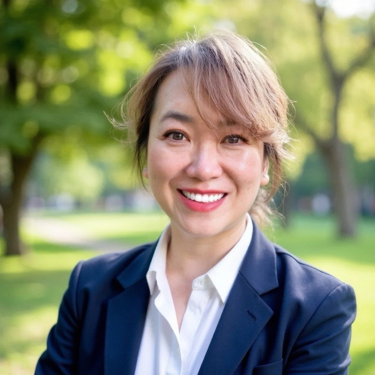 A smiling woman in a navy blazer and white shirt outdoors with green trees and grass in the background.