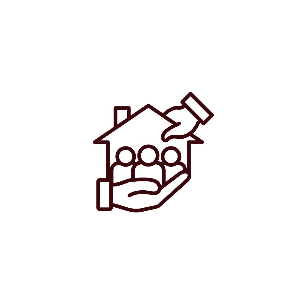 Outline of a house with a hand holding a calculator above it, and three people inside, symbolizing real estate and home ownership.