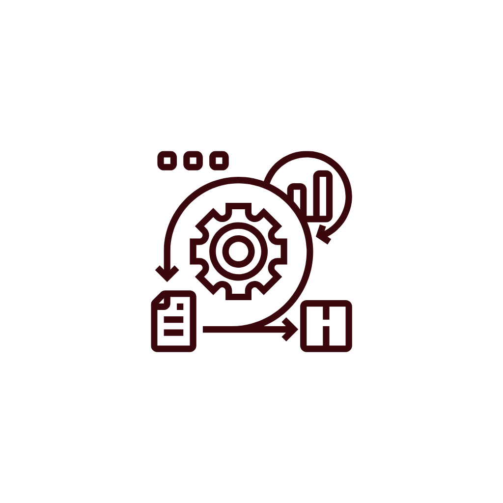 Icon depicting a gear, flow arrows, and bar chart, representing process automation or workflow management.