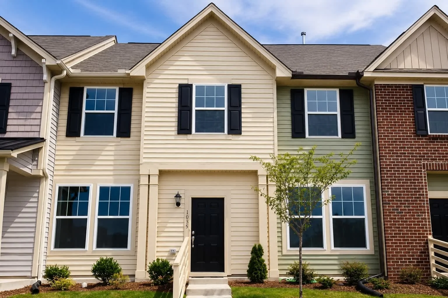 Front view of a row house with beige, green, and brick facades, black shutters, black front door, and landscaped yard with small shrubs and a young tree.