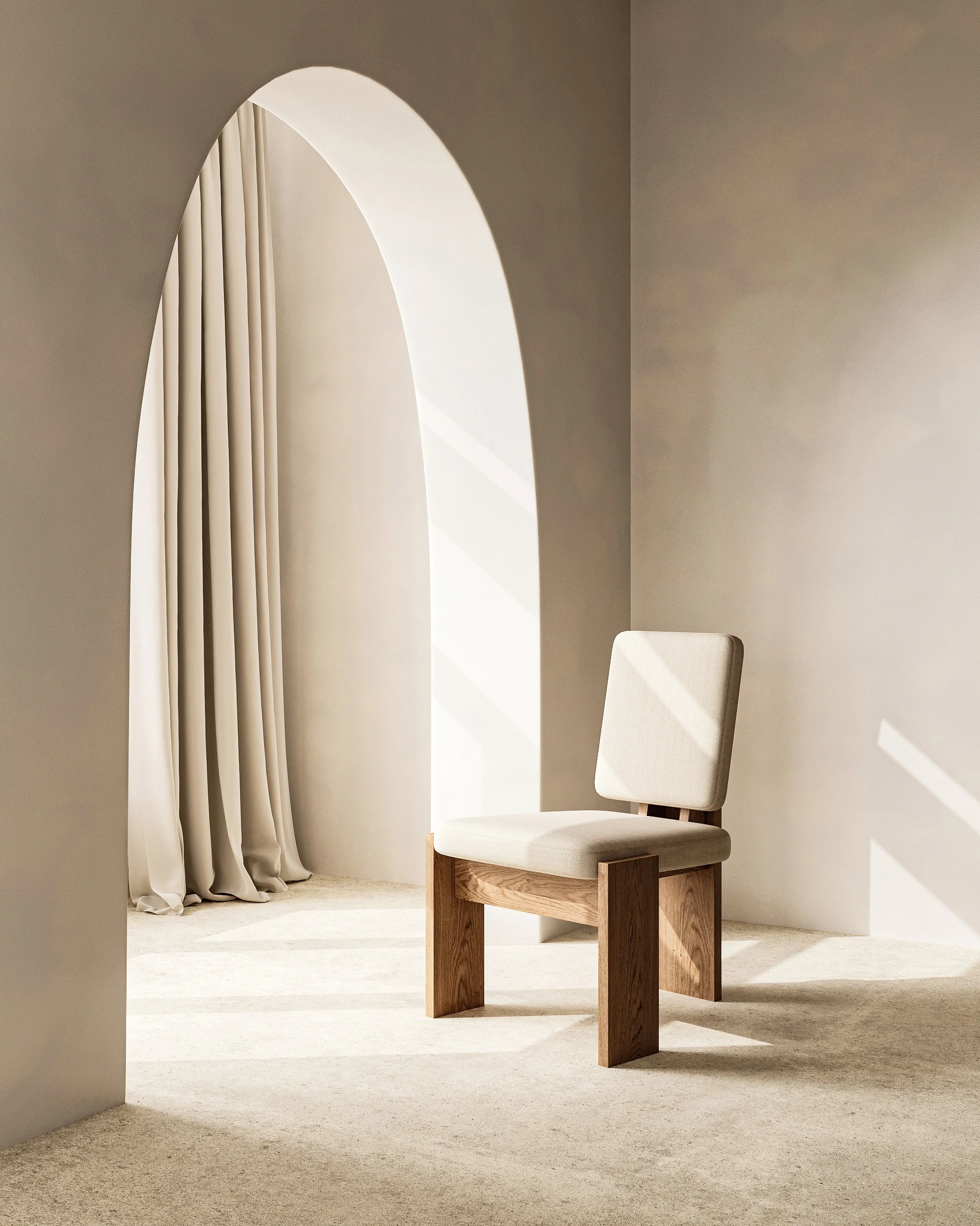 Minimalist interior with a beige chair on a wooden base, set against a light-colored wall with an arched opening revealing beige curtains, sunlight casting shadows on the wall.