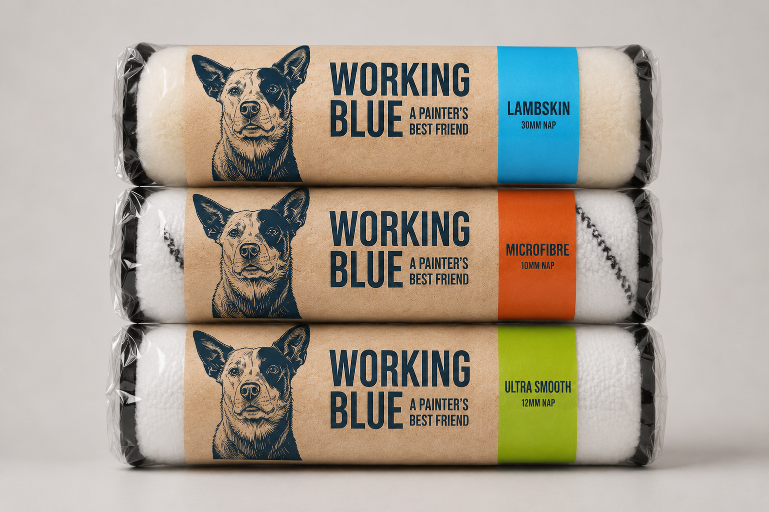 Working Blue paint roller packaging designed for Inspirations Paint retail stores.