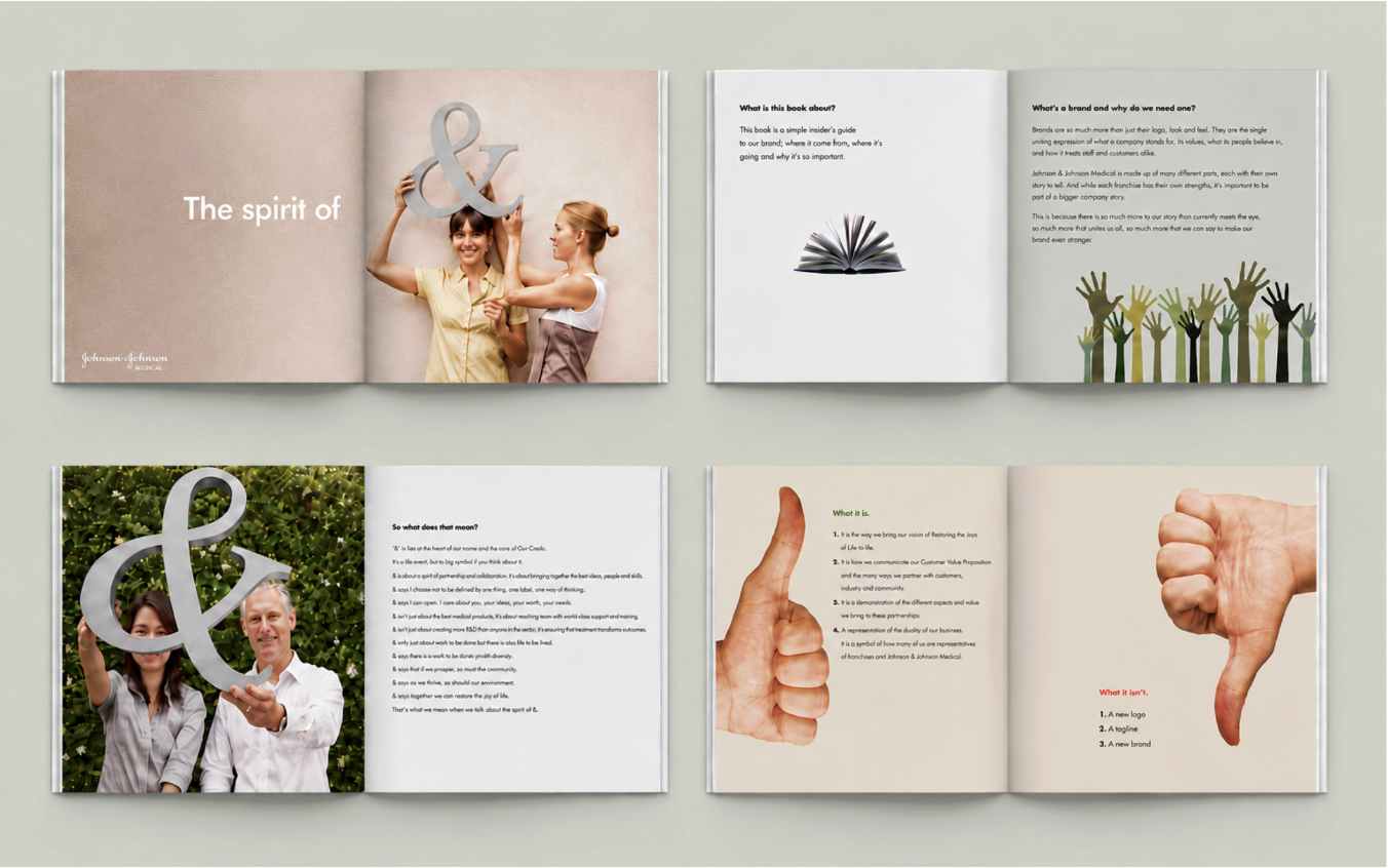 Johnson & Johnson employee branding and internal communications project featuring the 'Spirit of &' employee brand book designed to strengthen culture, engagement and organisational purpose.