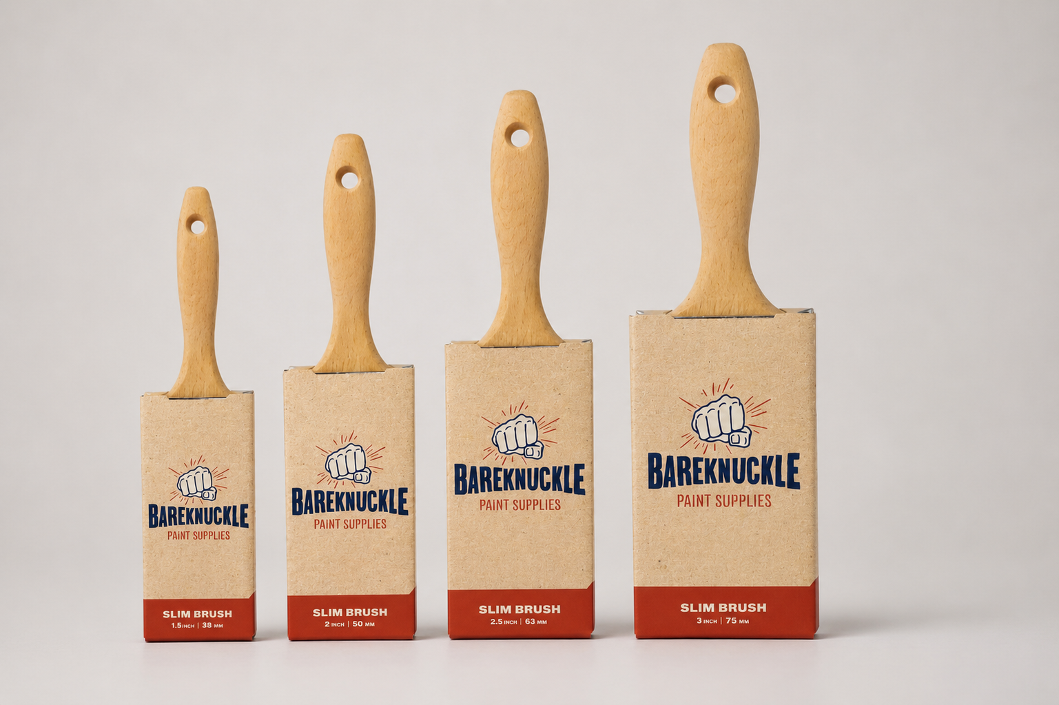 Bareknuckle branded paint brush packaging and product branding for Inspirations Paint.