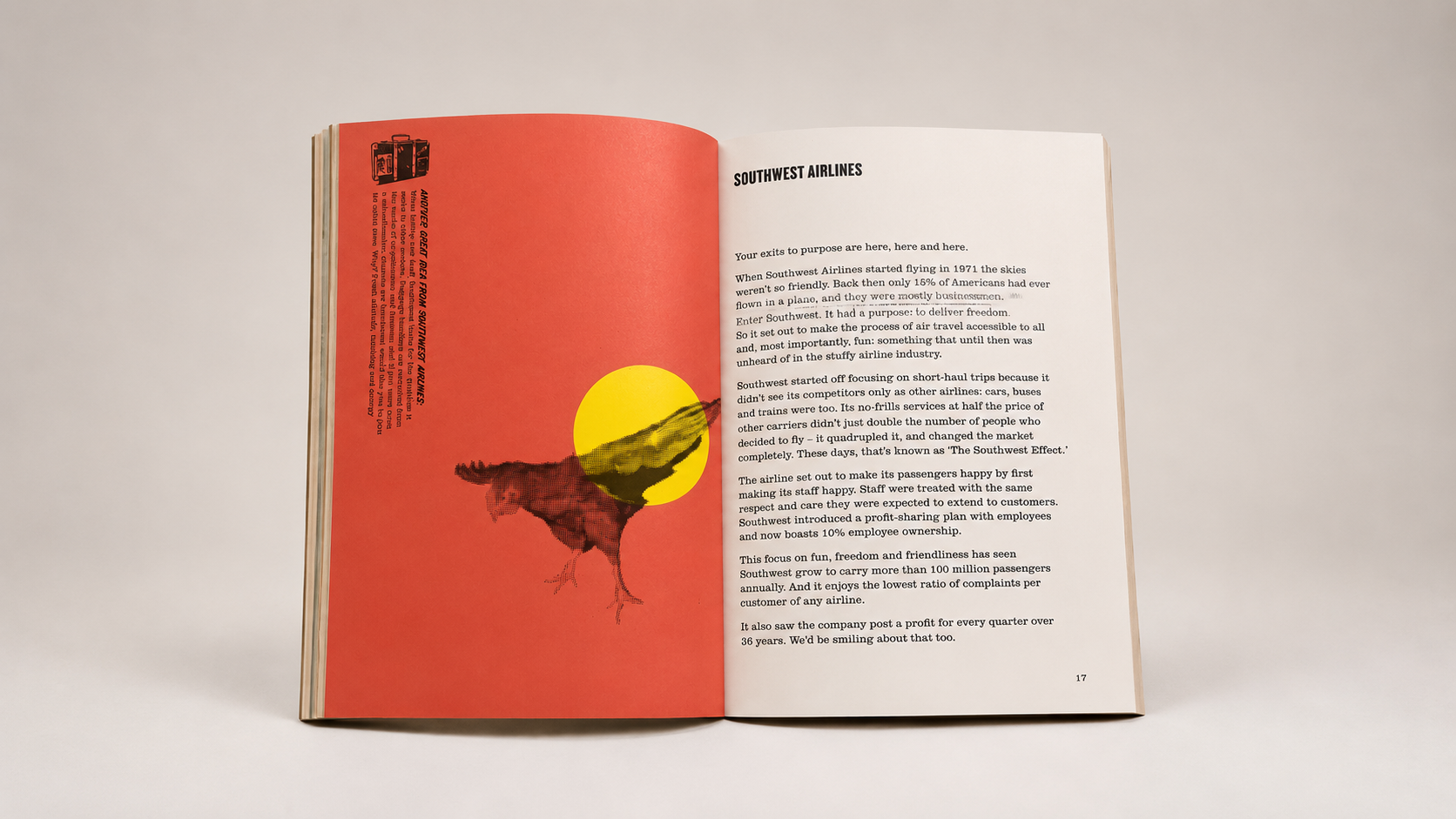 Book spread examining Southwest Airlines' purpose-driven culture and long-term business success.