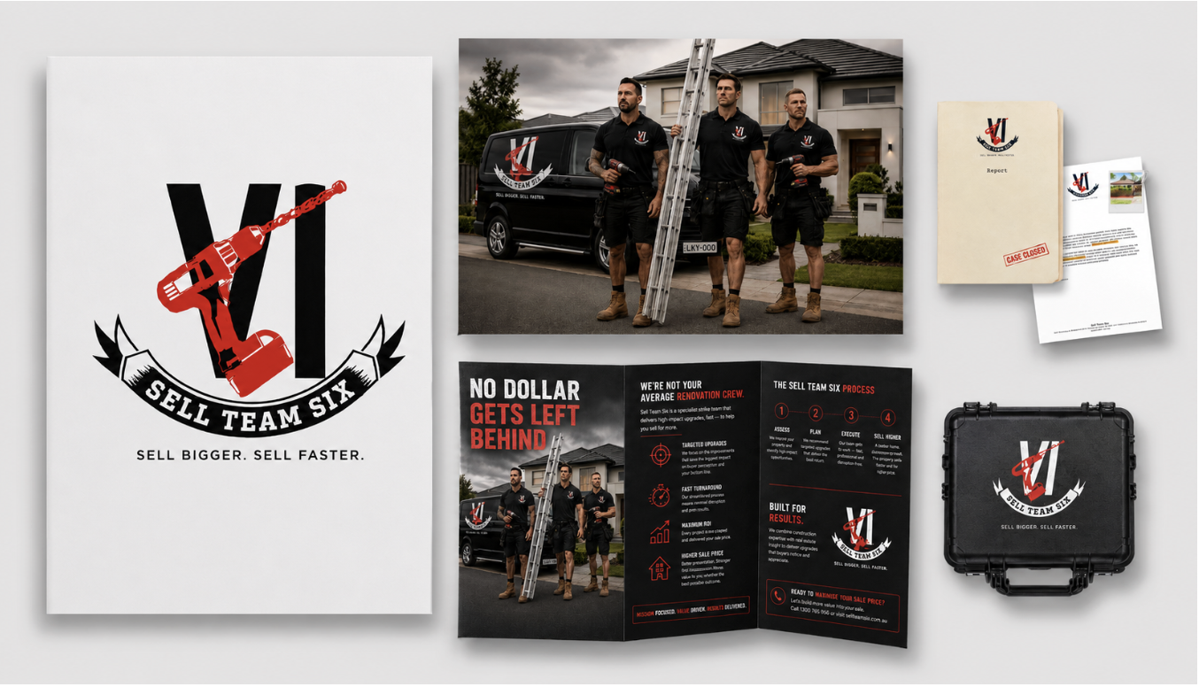 Brand identity created for Sell Team Six featuring naming, brand strategy, logo design, merchandise, marketing collateral and visual identity for a premium home renovation business.