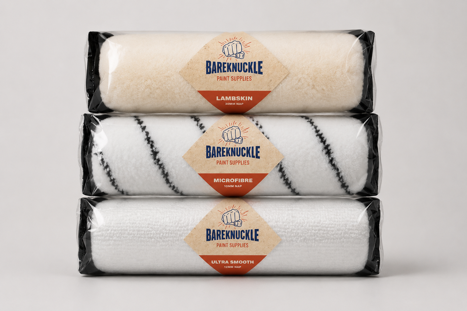 Bareknuckle paint roller packaging and retail product branding for Inspirations Paint.