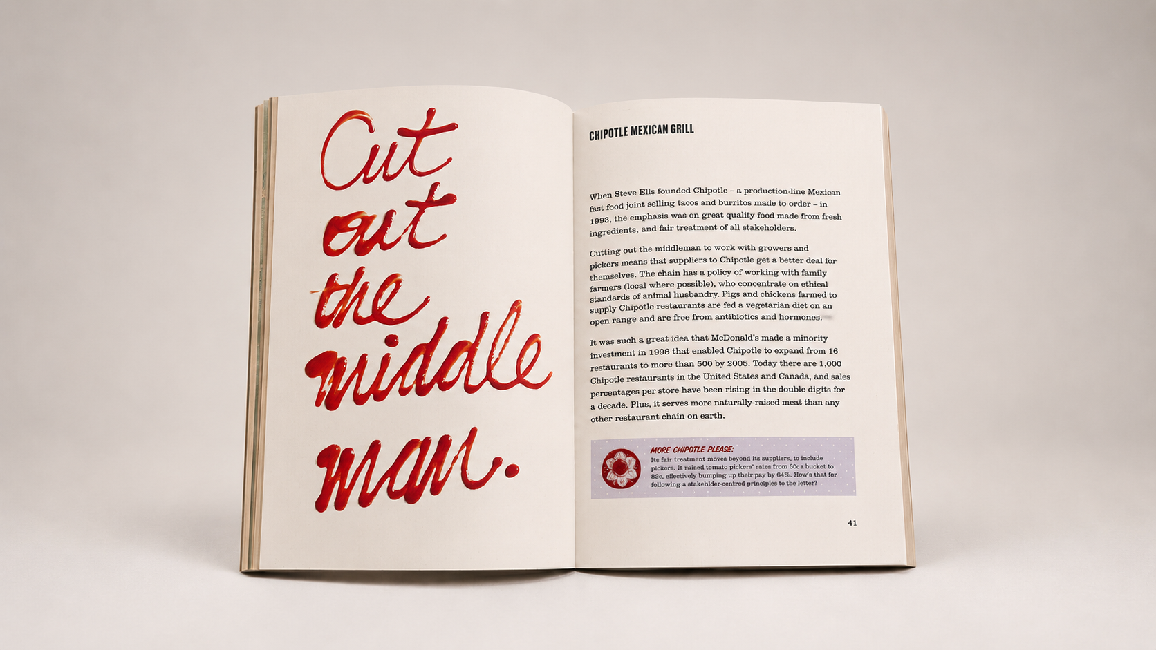 Book spread featuring Chipotle Mexican Grill and the role of purpose-driven business in conscious capitalism.