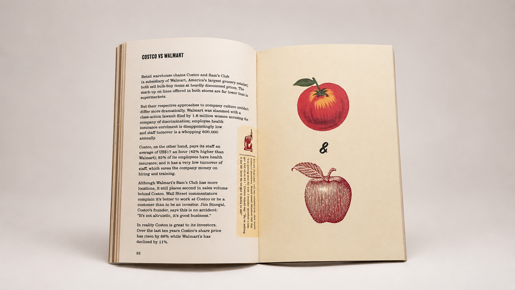 Book spread examining Costco and Walmart as part of the Conscious Capitalism research and publication design project.