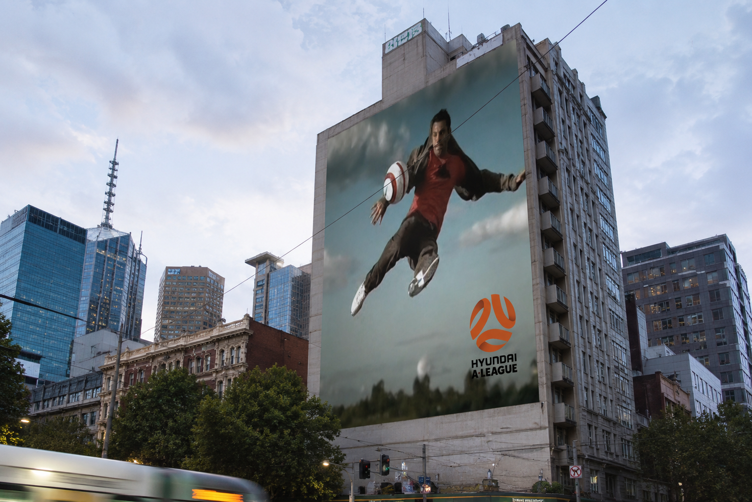 A-League brand campaign with iconic large-format building advertising promoting Australia's national football competition.