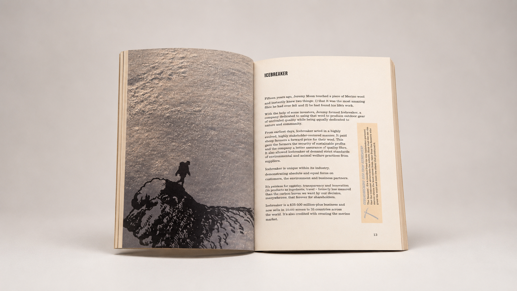 Editorial spread profiling Icebreaker and sustainable business practices through conscious capitalism.