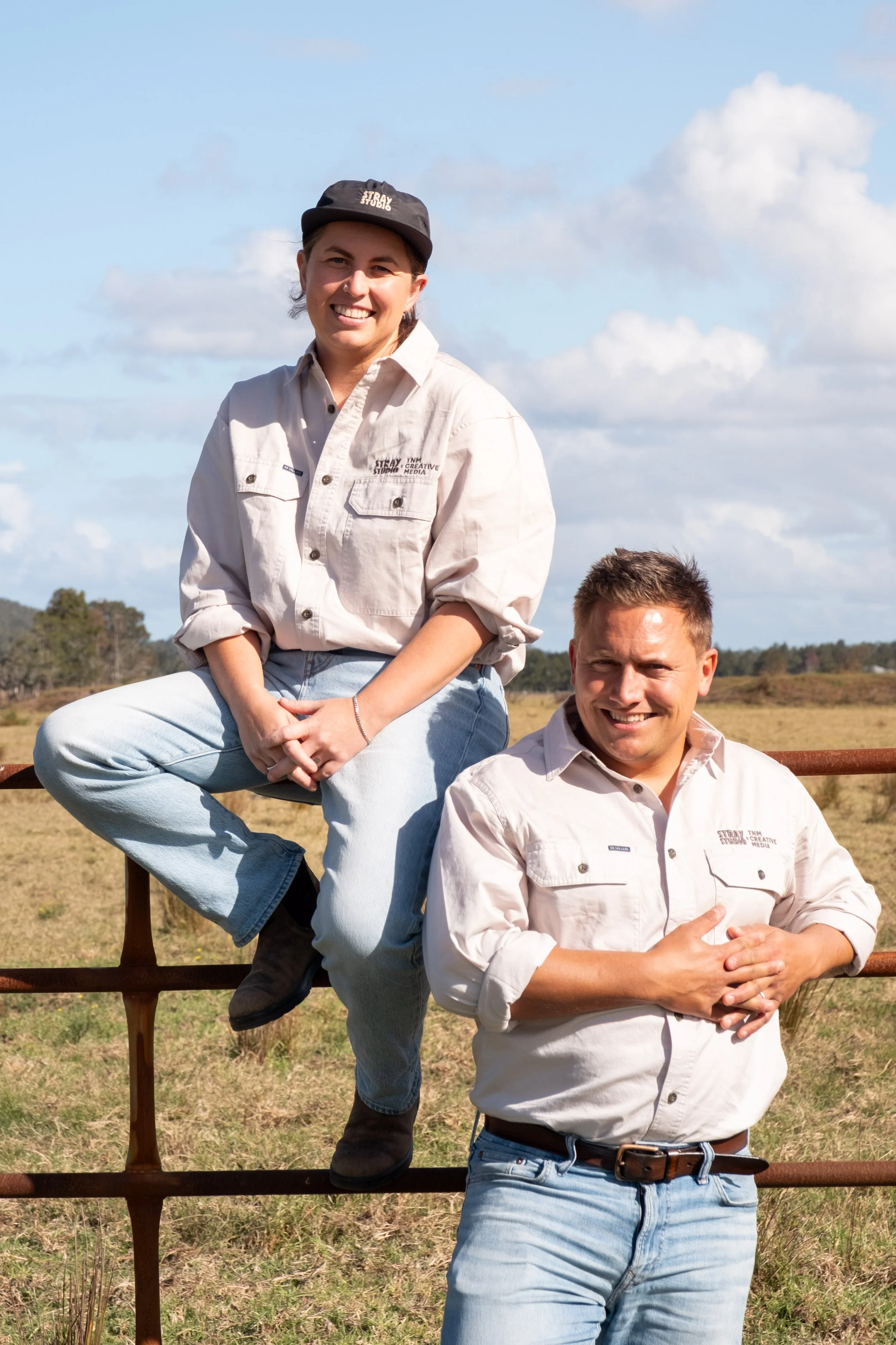 Nic Maloney, founder of Stray Studio & Jamie Henshall, founder of TNM Creative Media, photographed on location during an agricultural content production in regional Australia.