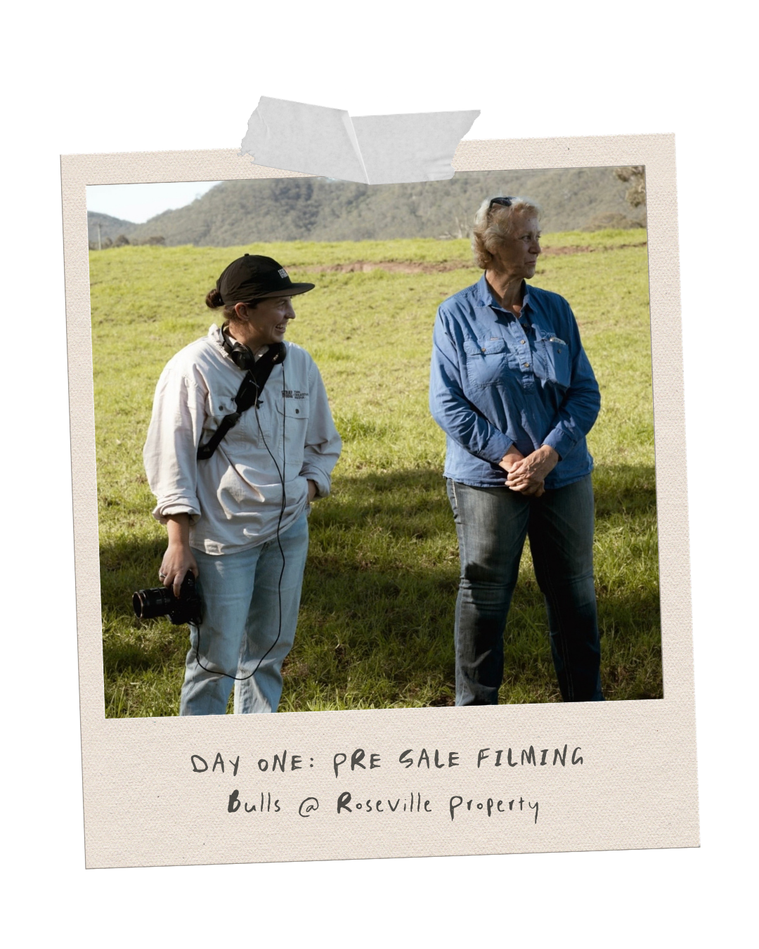 Stray Studio photographer Nic Maloney with Margo Duncan during pre-sale filming for Boambee Angus. The photo has a caption that says, "Day One: Pre Sale Filming Bulls @ Roseville Property."