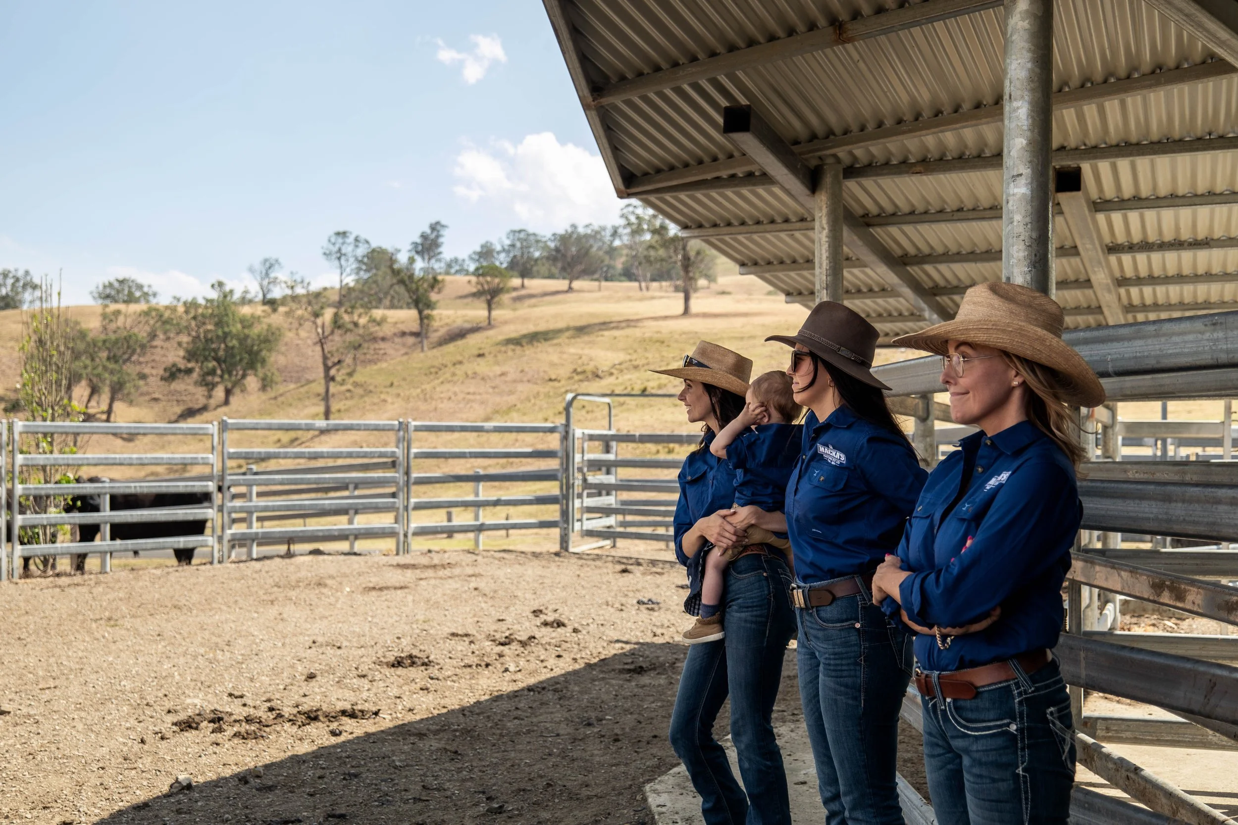 Members of the Macka's Pastoral team at the cattle yards during a Just Country campaign shoot in Gloucester, NSW.