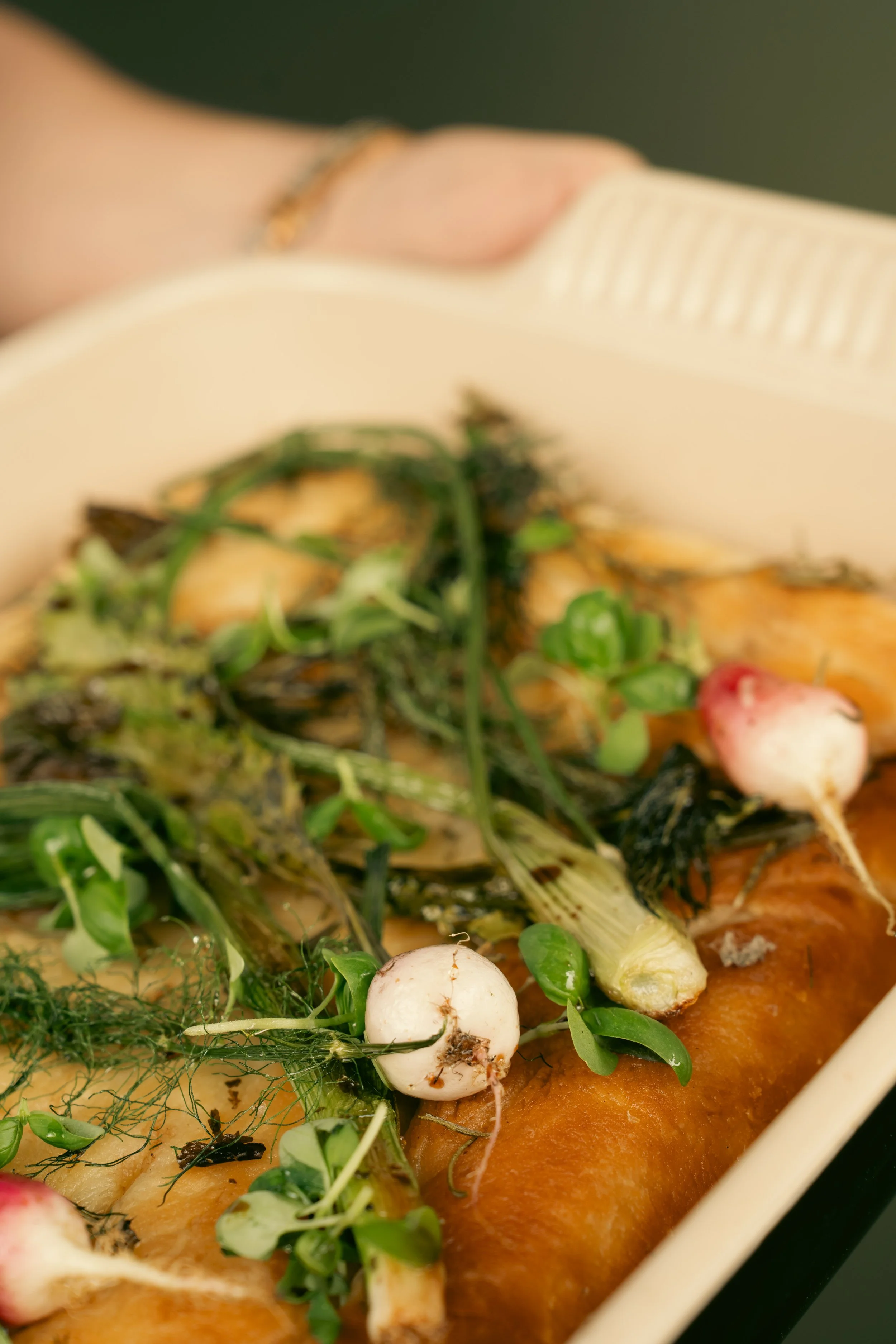A close-up of a dish with microgreens, radishes, and a cooked vegetable or protein on a plate. Seasonal farm produce prepared and served fresh from Elora Fine Farming.