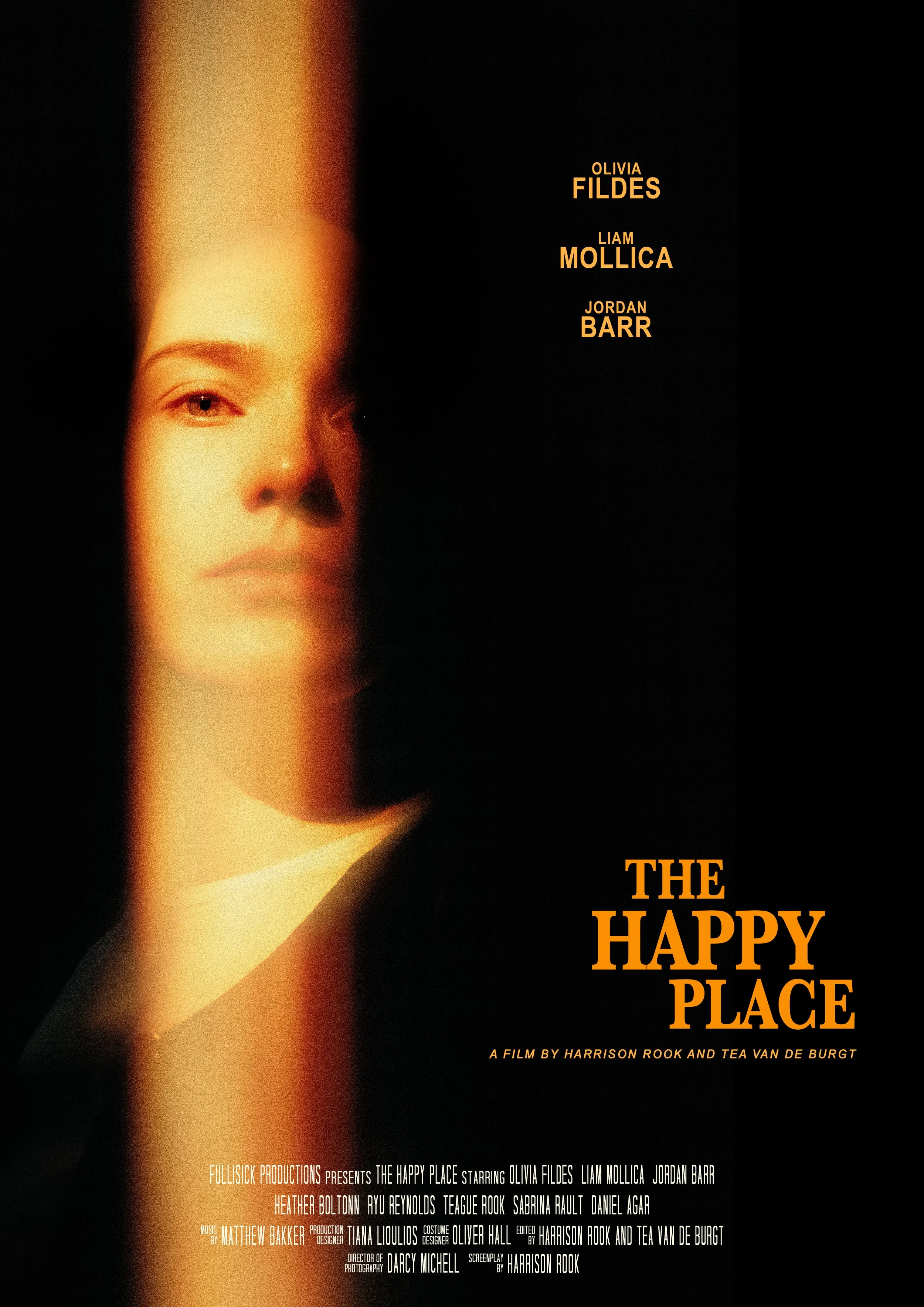 Cover of the film poster for 'The Happy Place', showing a close-up of a woman's face with a thoughtful expression, blending into a black background. Directed by Tea Van de Burgt and Harrison Rook, Cinematography Darcy Michell.