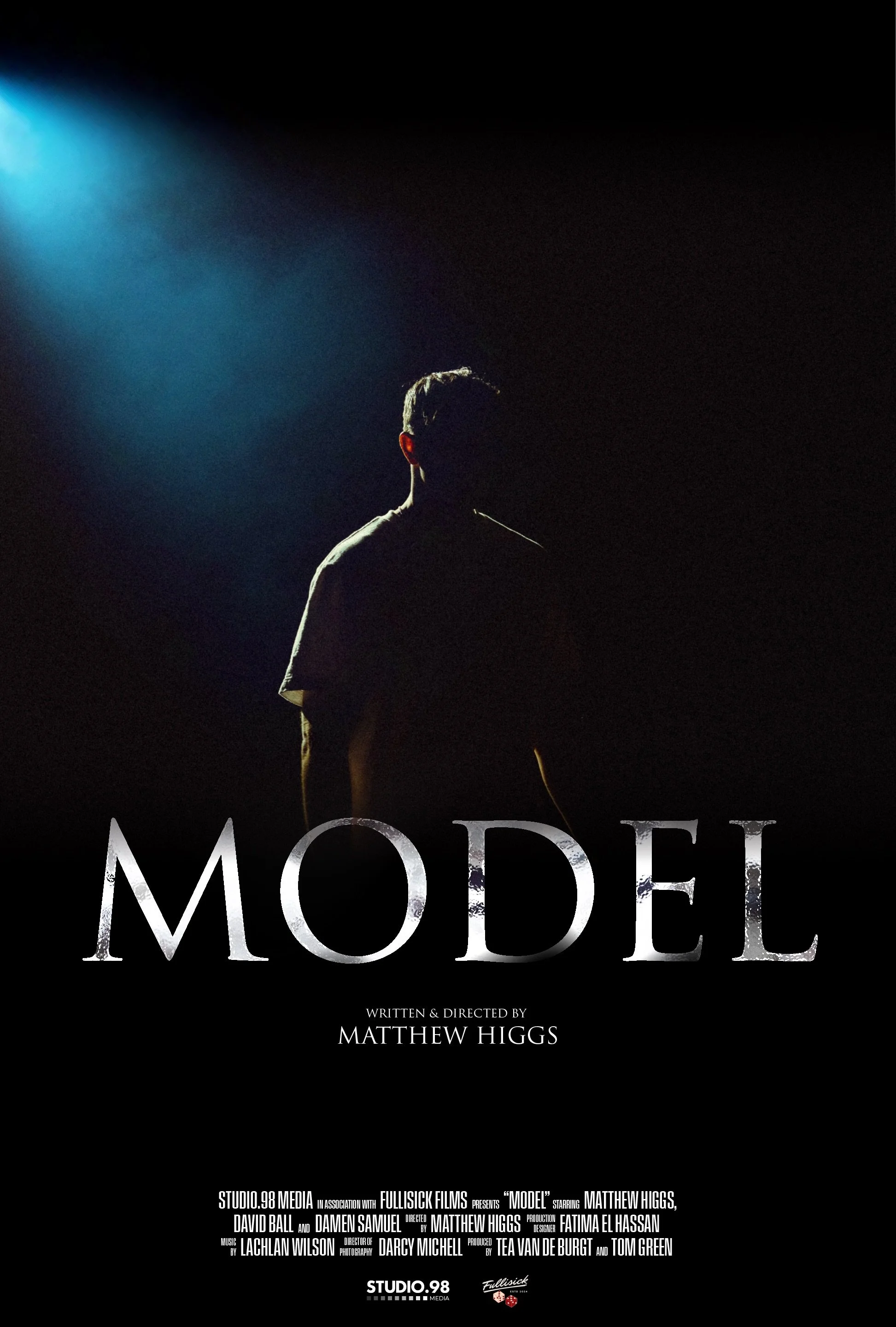 Movie poster for 'Model' showing a silhouette of a man standing in a dark space with a blue spotlight, with the title 'MODEL' in large white letters. Directed by Matthew Higgs, Produced by Tea Van de Burgt, Cinematography Darcy Michell.