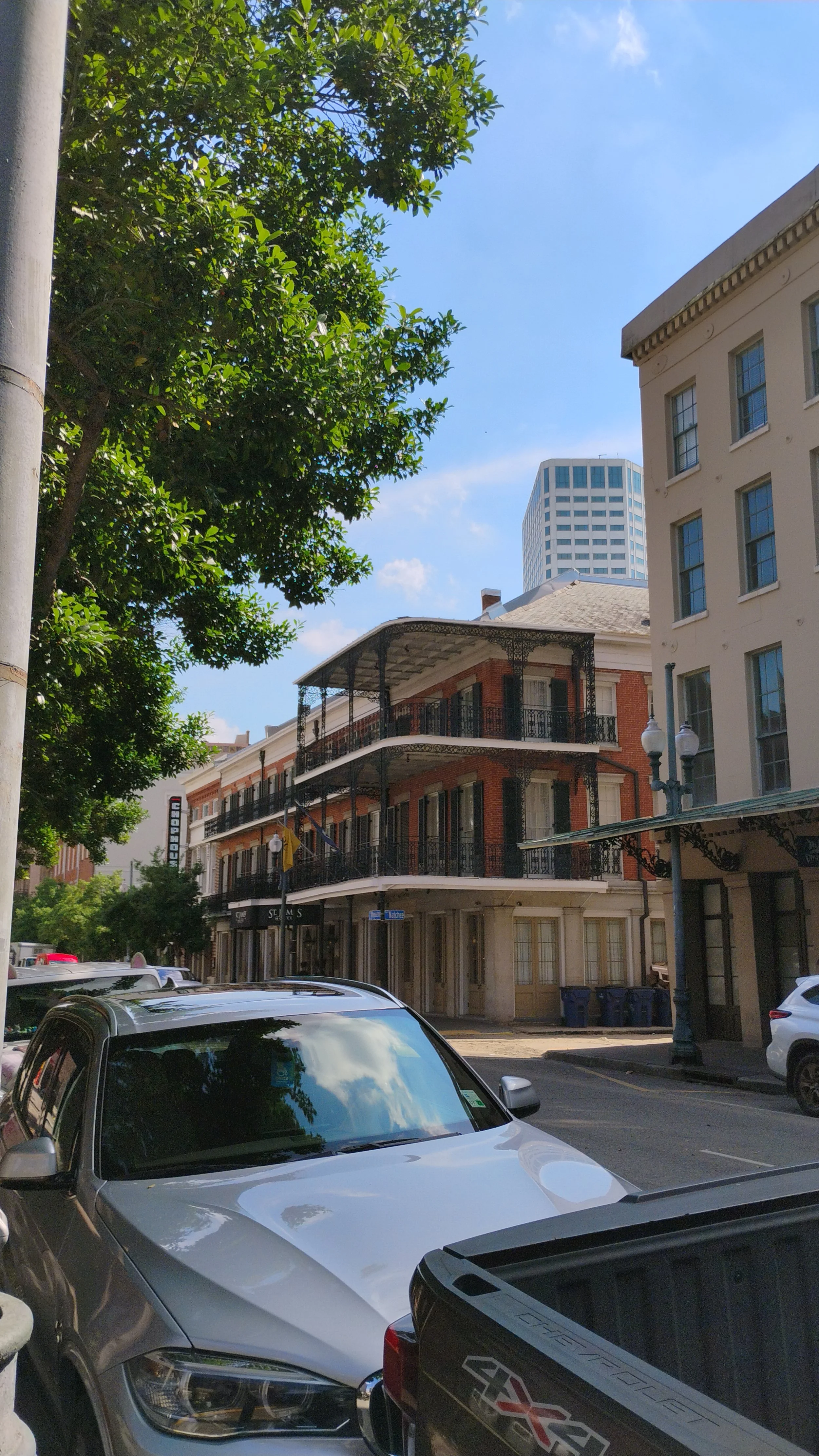 City street scene with historic red brick buildings featuring black wrought iron balconies, parking cars in front, a green leafy tree on the left, and a modern high-rise building in the background under a blue sky with some clouds.