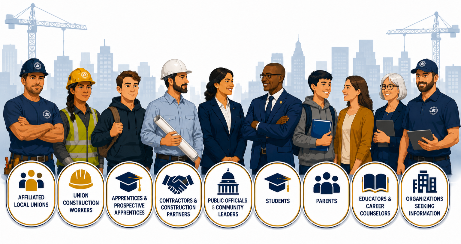 A diverse group of construction professionals and community leaders standing together with a city skyline and cranes in the background. Icons and labels below identify affiliations including local unions, construction workers, apprentices, contractors, officials, students, parents, career counselors, and organizations seeking information.