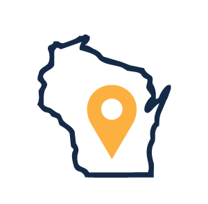 Map outline of Wisconsin with a large yellow location pin marker in the center.