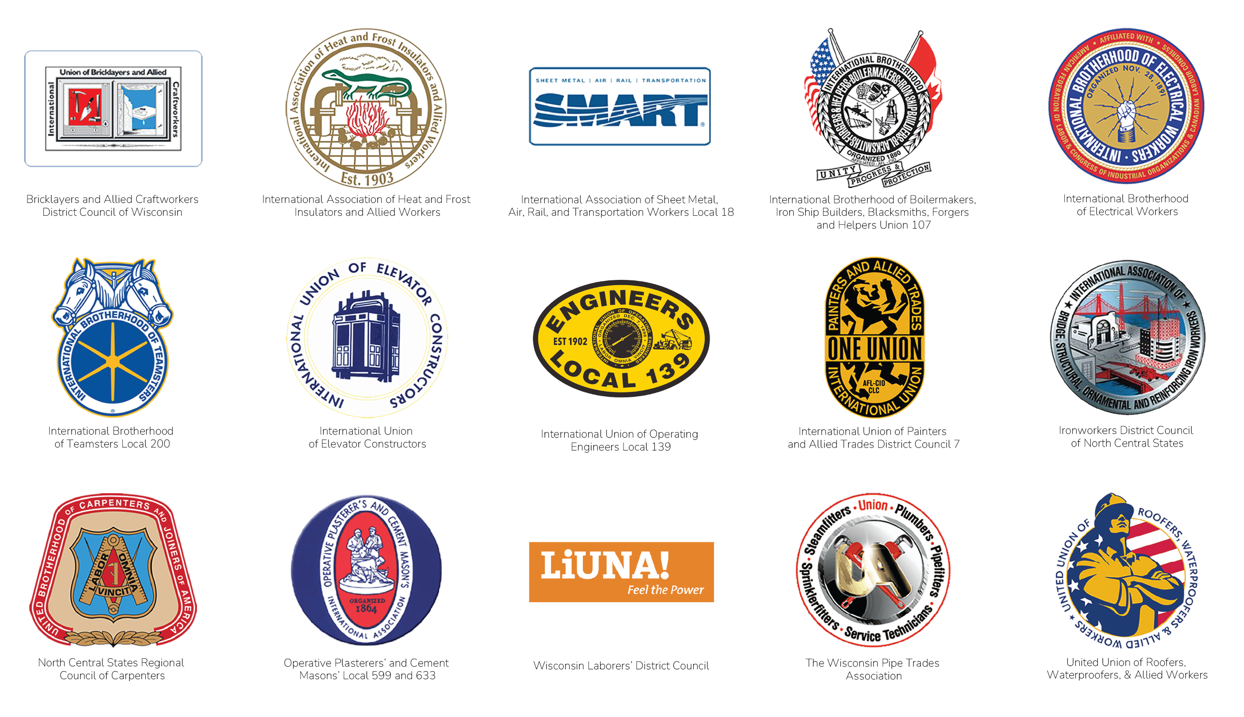 Collection of various union and trade organization logos, including bricklayers, heat and frost insulators, sheet metal, brothershoods of elevator constructors, painters, carpenters, plumbers, pipefitters, laborers, roofers, and others.