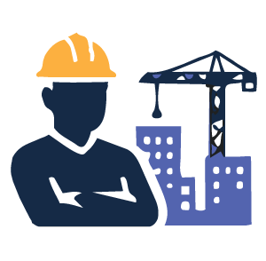 Silhouette of a construction worker wearing a safety helmet, standing in front of a construction crane and buildings.