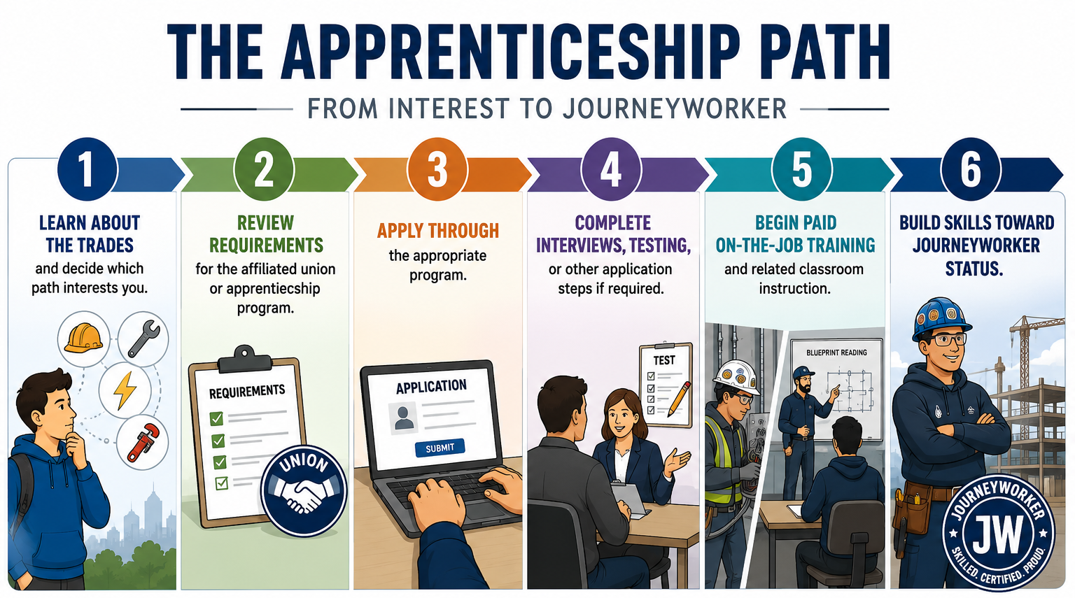 Infographic titled 'The Apprenticeship Path from Interest to Journeyworker' outlining six steps in the apprenticeship process with illustrations of people and construction work.