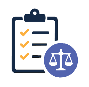 Checklist on a clipboard with a blue justice scale icon.