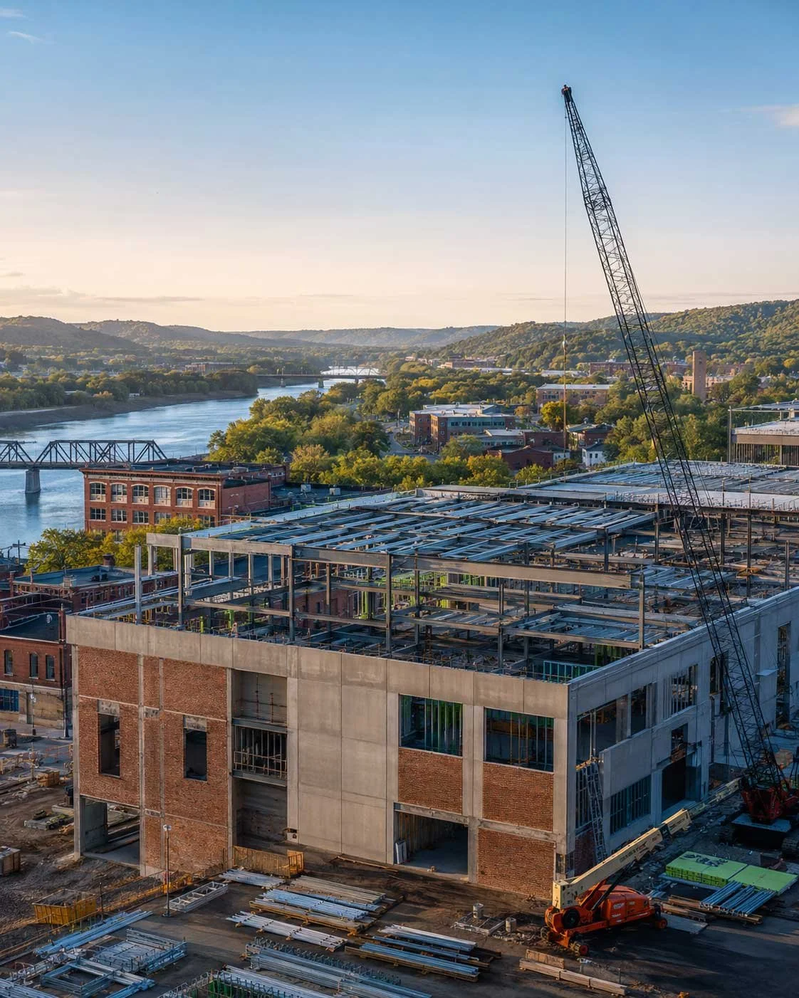 Construction site with a partially built multi-story building, steel framework, and a crane, overlooking a river with bridges and a cityscape in the background.